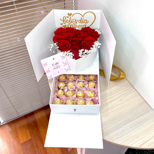 Box Corazón de Rosas Rojas con Chocolates