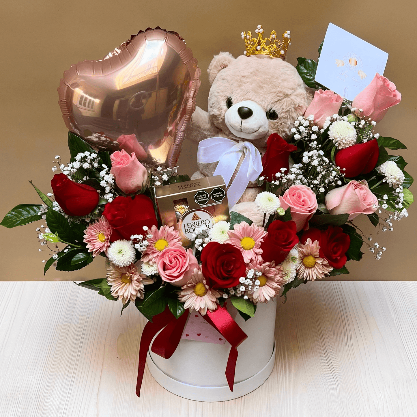 Box Rosas Peluche Chocolate Globo