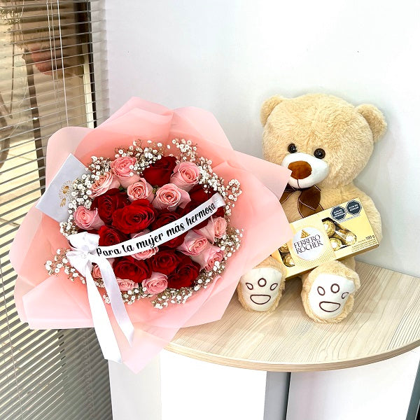 Ramo de Rosas con Peluche y Chocolate Floreria Lucilas