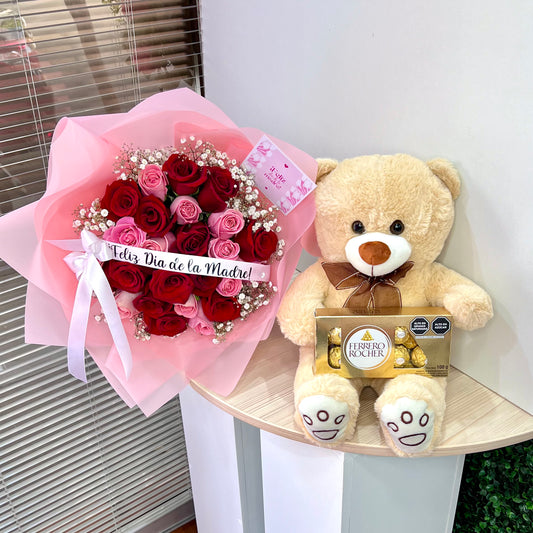 Ramo de Rosas con Peluche y Chocolate