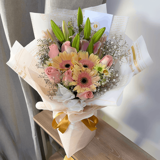 Ramo de Lirios, Rosas y Gerberas Rosadas – Dulzura y Encanto