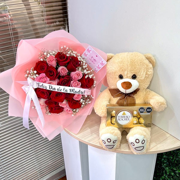 Ramo de Rosas con Peluche y Chocolate